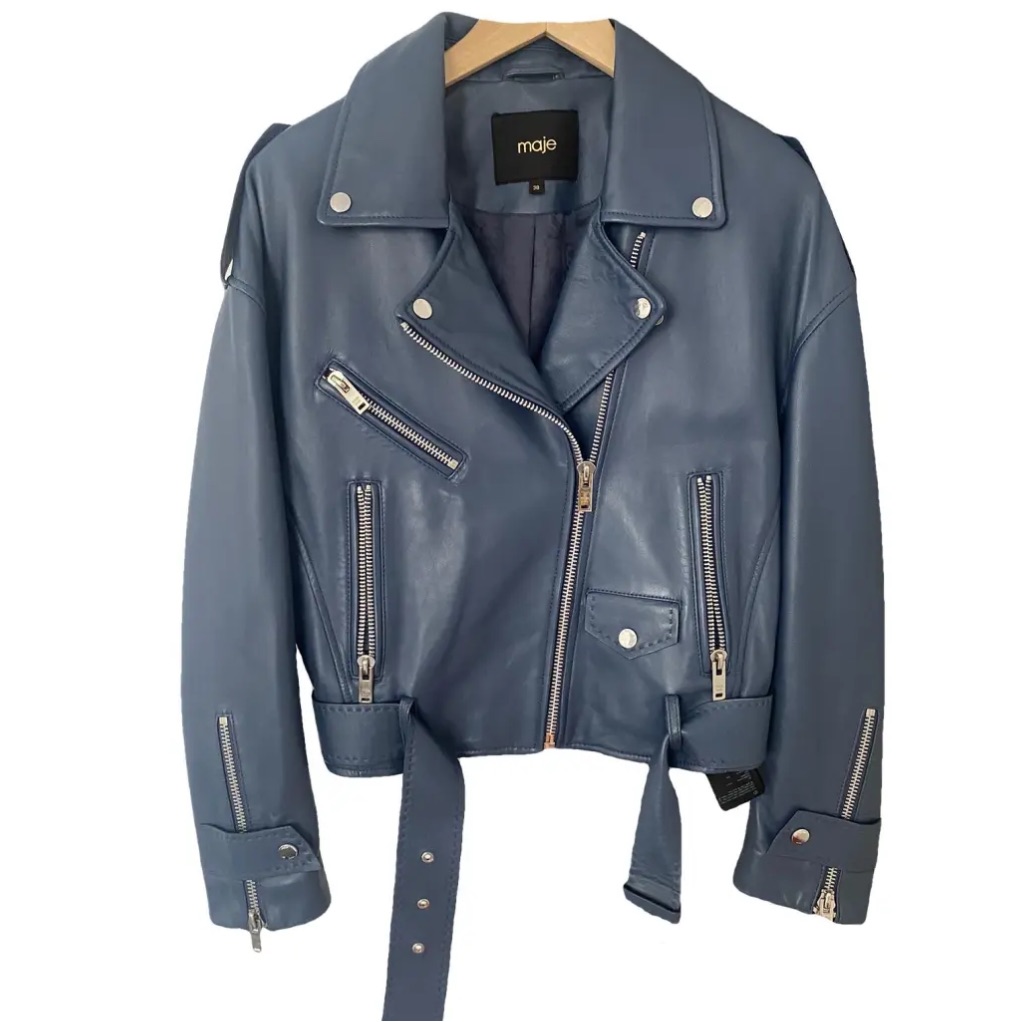 Maje Steel Blue Leather Jacket With Silver Accents